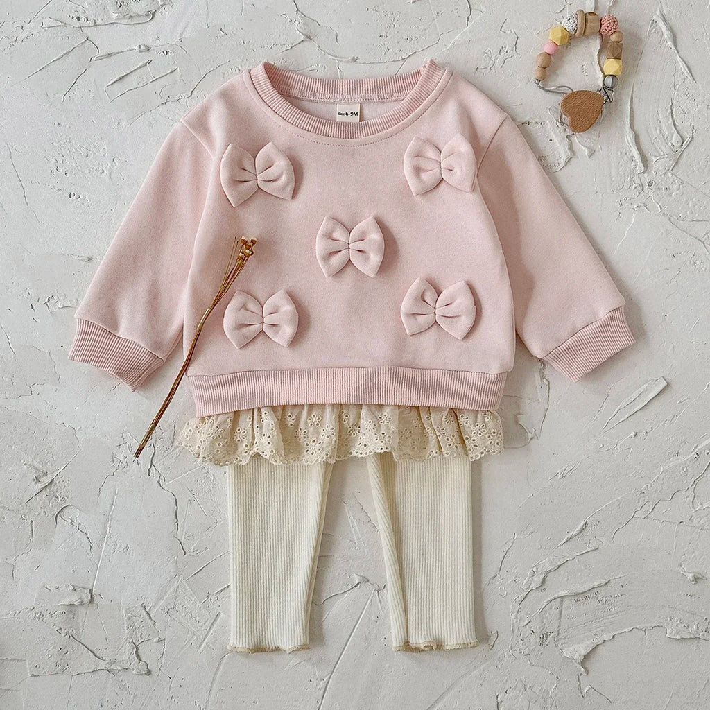 New Design Fashion Baby Girl Clothes Spring Fall 3D Bow Decoration Lace Hem Top+Casual Solid Color Pant Sets