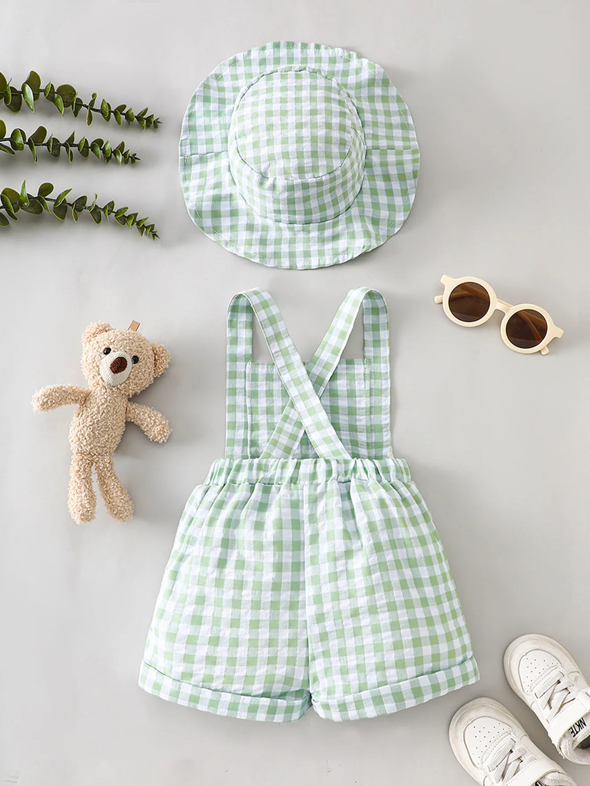 Baby Plaid Suspender Shorts and Sun Hat Set, Breathable and Cute for Outdoor Play in Summer, Comfortable and Stylish