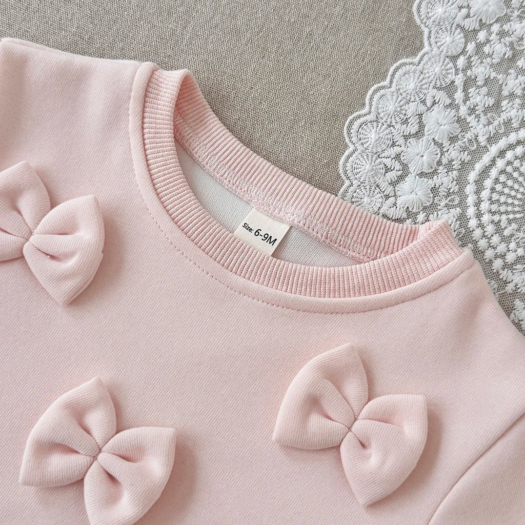 New Design Fashion Baby Girl Clothes Spring Fall 3D Bow Decoration Lace Hem Top+Casual Solid Color Pant Sets