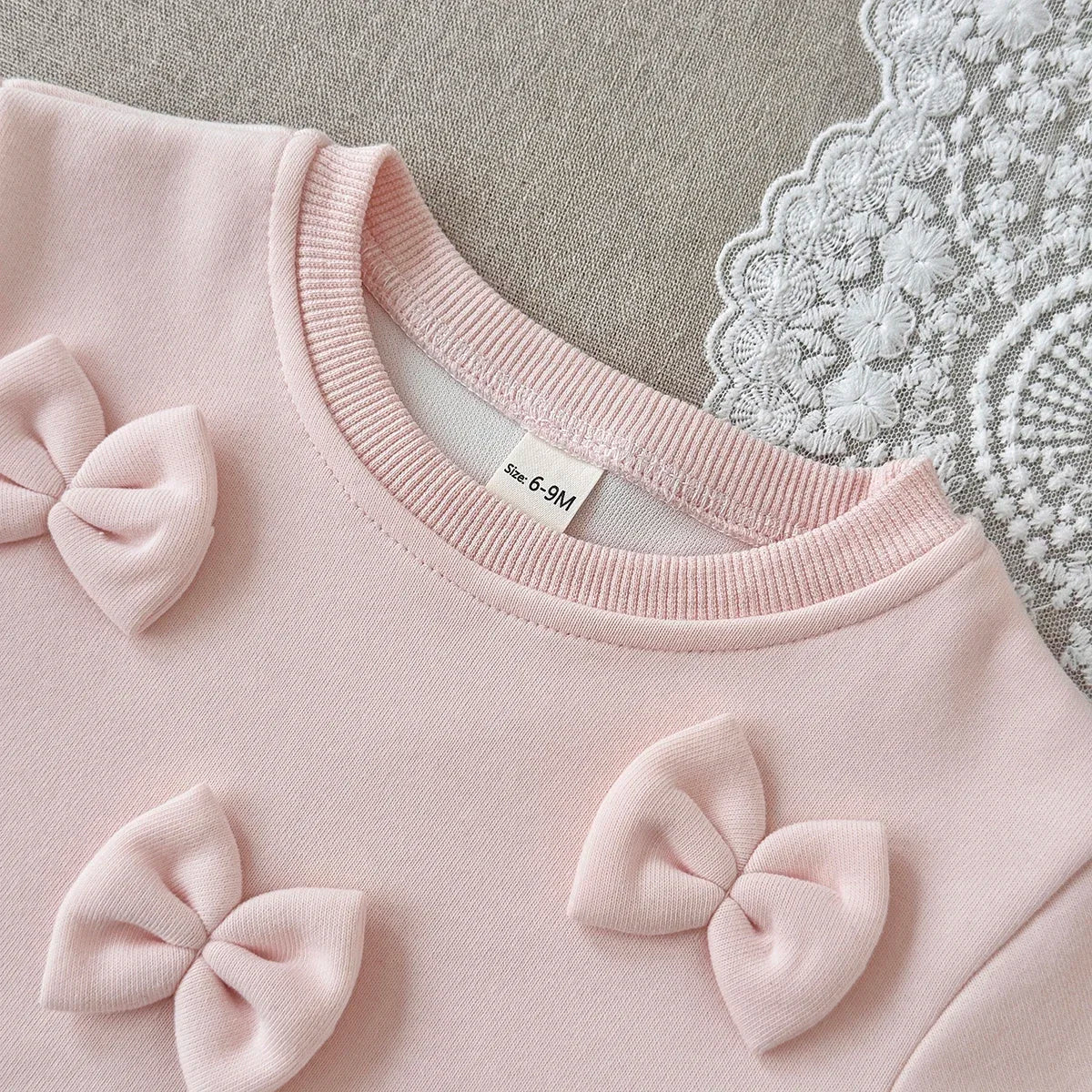 New Design Fashion Baby Girl Clothes Spring Fall 3D Bow Decoration Lace Hem Top+Casual Solid Color Pant Sets