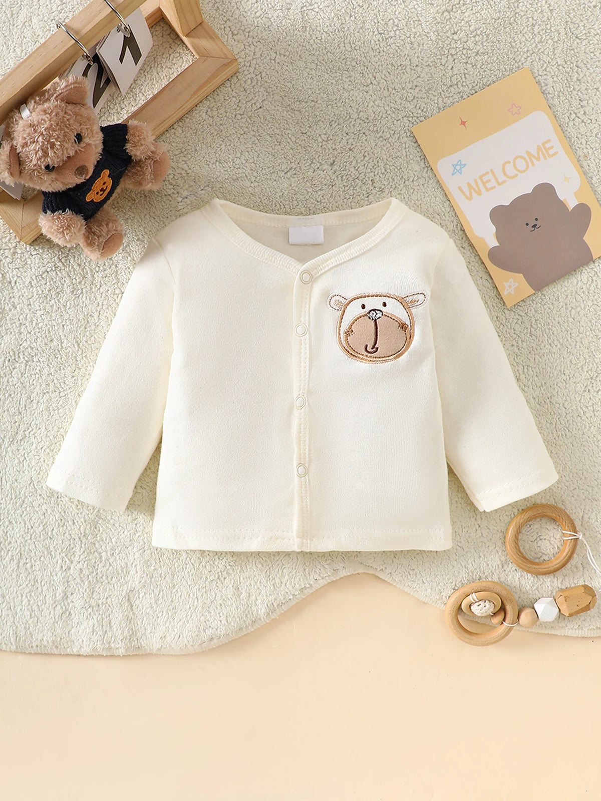 8-Piece Newborn Romper Set • 100% Cotton • Soft & Breathable Beige with Cute Bear Pattern, Perfect for Sleeping & Crawling