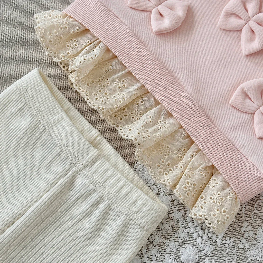 New Design Fashion Baby Girl Clothes Spring Fall 3D Bow Decoration Lace Hem Top+Casual Solid Color Pant Sets