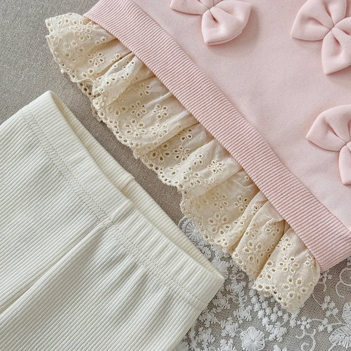 New Design Fashion Baby Girl Clothes Spring Fall 3D Bow Decoration Lace Hem Top+Casual Solid Color Pant Sets